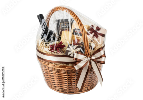Woven wicker gift basket, full of gourmet wine, cheese, chocolates, gift boxes, wrapped in clear cellophane, brown satin ribbon bow, high-angle on white, luxurious gifting concept