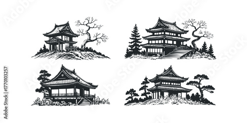 Traditional Asian Pagoda Architecture with Stylized Trees