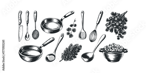 Sketch Collection of Kitchen Utensils and Herbs