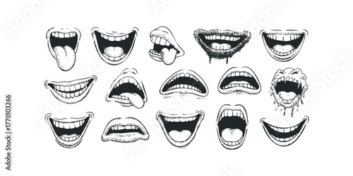 Collection of expressive cartoon mouths in various states of emotion