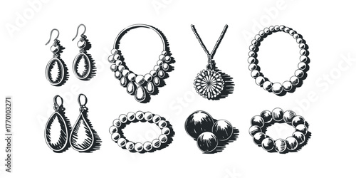Collection of pearl jewelry items including earrings, necklaces, and bracelets