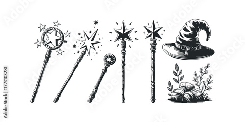 Enchanted wands and witch hat with stars and plants