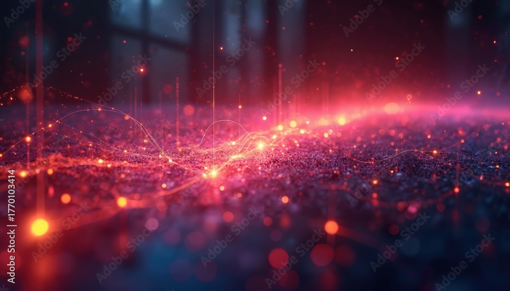 Naklejka premium Abstract tech art image with vibrant red light illuminating dark surface. Futuristic design features interconnected glowing dots, lines. Digital network concept innovation, connectivity. Visual