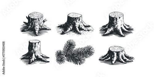 Collection of Woody Tree Stump and Pine Sprig Illustrations