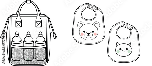 Baby backpack, feeding bottles, cartoon bibs, animal face, cute design, infant gear, nursery item, snap closure, bear cat, baby care, feeding accessory, vector sketch, minimal illustration