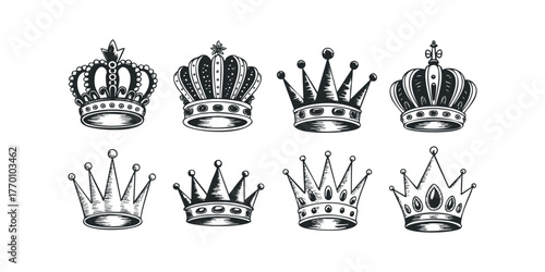 Collection of Regal Crown Icons in Monochrome Style