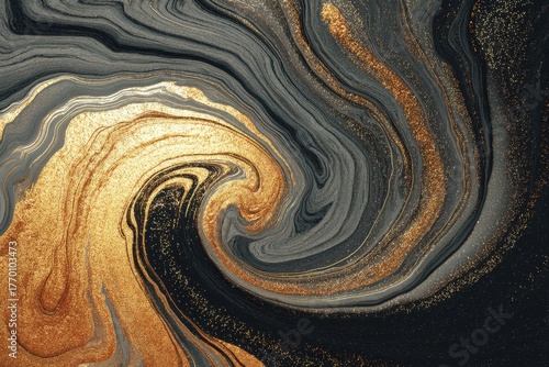 Elegant black, grey and golden marbleized swirling paint texture background. Great for adding luxury to websites, invitations, or graphic design.