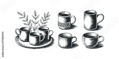Ink Drawing Collection of Coffee Cups and Leaves