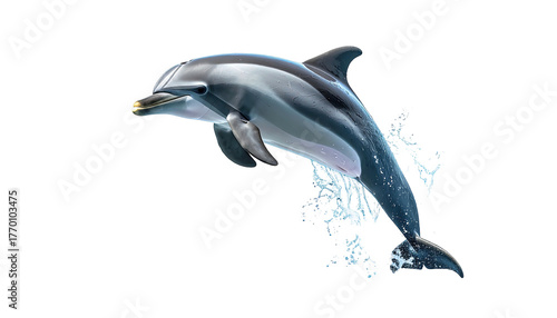 Leaping dolphin with water splash, isolated on black background