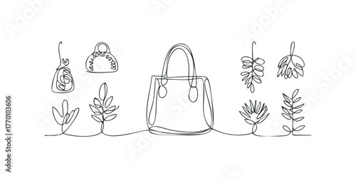 Continuous line drawing of handbags and botanical elements