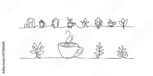Continuous line drawing of coffee cups and plants
