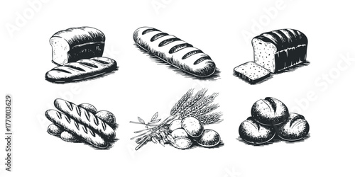 Assortment of baked bread and wheat stalks