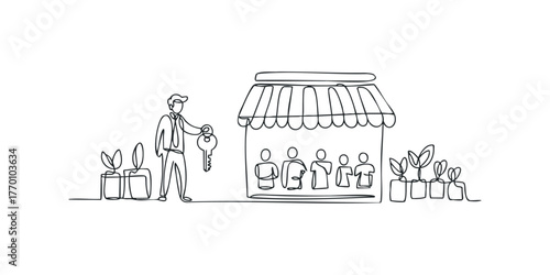 Man holds key for shop with waiting customers and potted plants
