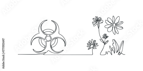 Biohazard symbol with delicate flowers and grass