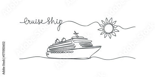 Single Line Drawing of Cruise Ship Sailing Towards Sun
