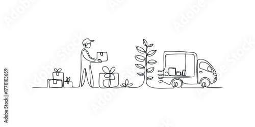 Delivery worker loading package into a van with gifts