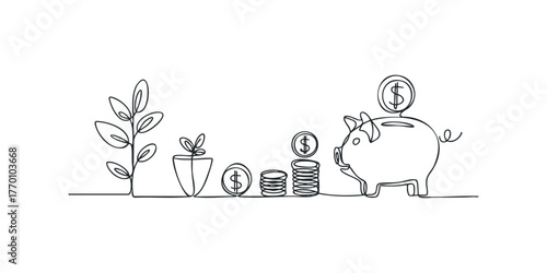 Piggy bank with growing plant and stacked coins