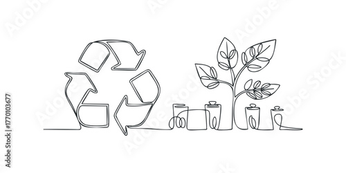 Continuous line drawing of recycling symbol and growing plant
