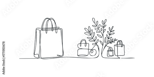 Continuous line drawing of shopping bags and plant