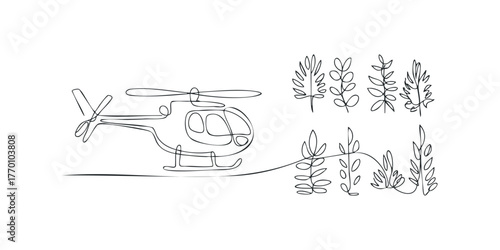 Line drawing of a helicopter flying over plants