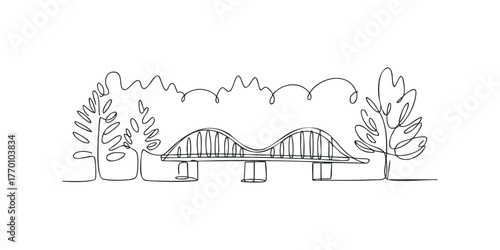 Continuous line drawing of a truss bridge with trees