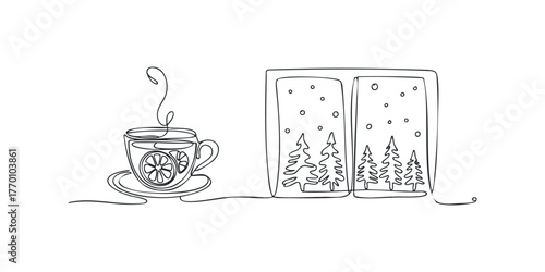 Steaming cup of lemon tea beside a window view of snowy trees
