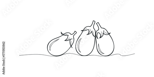 Three fresh eggplants line drawing on white