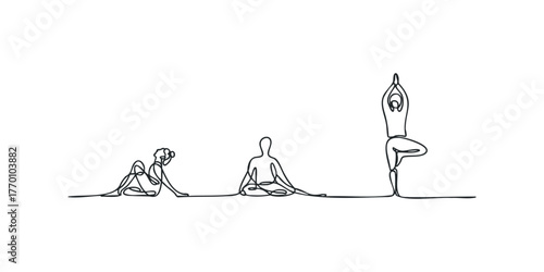 Three abstract figures in yoga poses