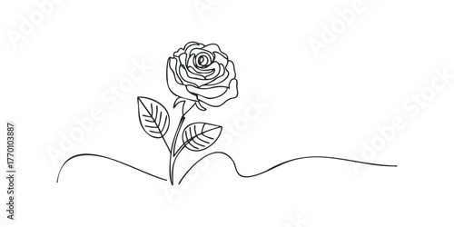 Single continuous line drawing of a rose with leaves