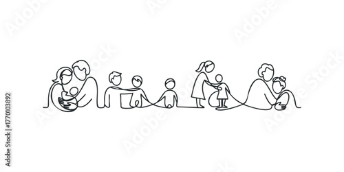 Continuous line drawing of diverse family life stages and relationships