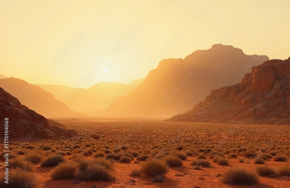 Naklejka premium Scenic desert landscape with mountains during sunset. Red sand plain with sparse vegetation. Arid rocky hills at golden hour. Warm light bathes the desert in orange hues.