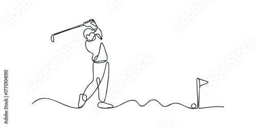 Golfer taking swing with club near flag and hole