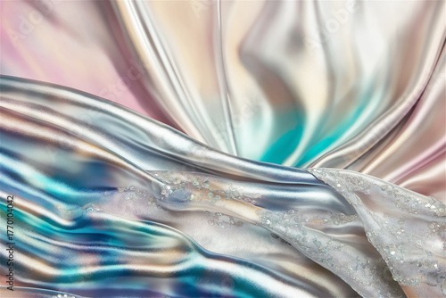 Abstract liquid silver and blue metallic texture. Smooth flowing holographic background with shiny fluid surface creating elegant futuristic design concept with copy space for luxury branding.