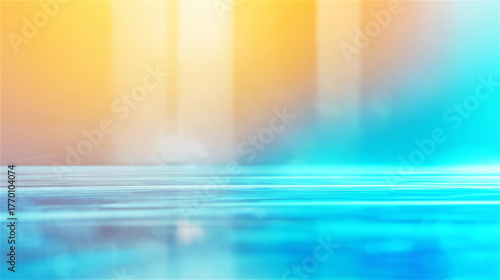 Abstract blue gradient background with smooth light waves and soft focus. Elegant digital backdrop with cyan and yellow tones creating clean modern design space for text or products.