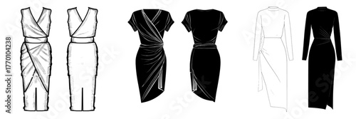 The Fringe Wrap Dress is depicted in a technical fashion illustration, alongside a fashion flat technical drawing template for a draped dress, showcasing features like bias, midi, front slit, and