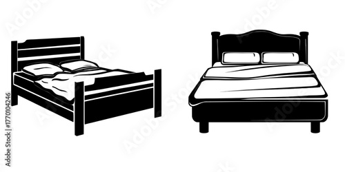 Illustration of a hotel or flat room interior featuring a bed with a headboard, complete with a wooden double bedroom furniture set, including a mattress, cotton blanket, and pillow for sleeping, to