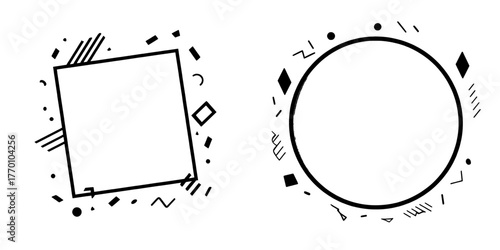 An abstract design consisting of multicolored geometric shapes and lines, along with confetti, set against a light background in a flat style with available copy space