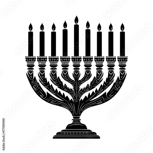 A black silhouette of a menorah or hanukkiah icon is isolated on a white background, featuring a nine-branched candleholder with candles in stencil style, suitable for modern clipart or png use in