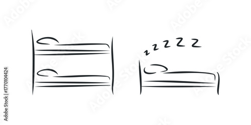 Simple line drawings of bunk beds and a single bed