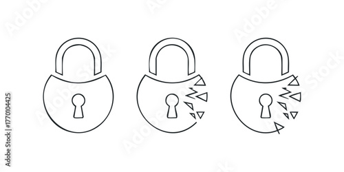 Three Padlock Icons Showing Gradual Damage And Broken Pieces