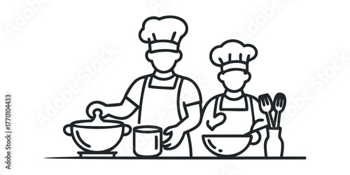 Two chefs in uniforms preparing food