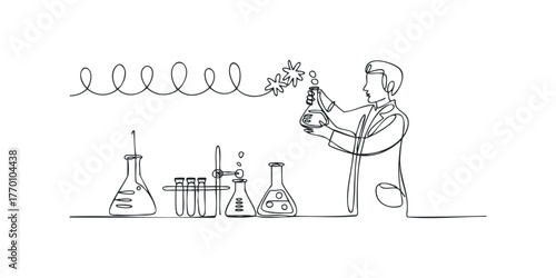 Scientist in lab coat conducting experiment with flasks and test tubes