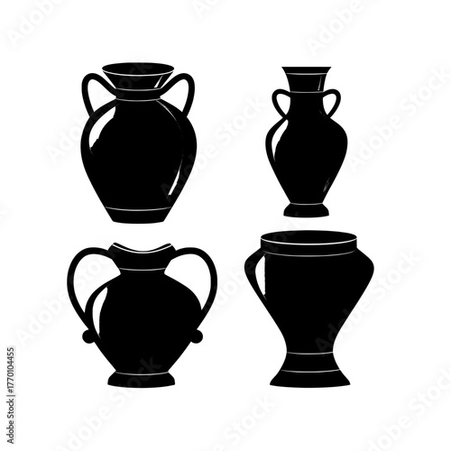 Ancient ceramic pieces, such as traditional vases, jars, and amphorae with handles, are illustrated in a modern realistic style against a plain white background