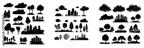 This assortment of stylized landscape features encompasses an array of tree shapes, bushes, clouds, hills, and the silhouette of a cityscape, ideal for crafting illustrations or digital environments