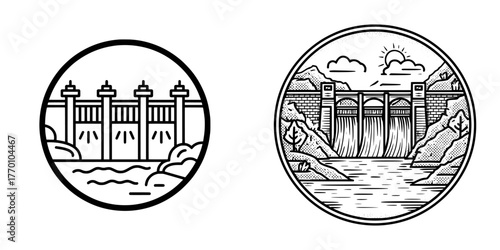 Hydroelectric dam symbol in a flat modern outline style is isolated
