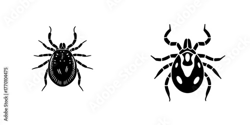 Isolated on a white background, the silhouette of a mite is paired with a tick symbol, designed as a modern illustration for use in web and application contexts