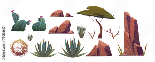 Tumbleweed cactuses and rocks of sand desert