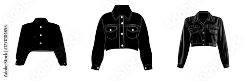 cropped jacket template with collar and buttoned long sleeves represented in technical drawing and flat sketch for cad mockup in fashion design featuring woman style and model