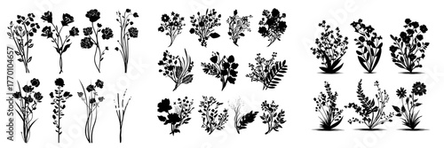 A collection of flat floral bouquets is set against a white background, featuring an assortment of wildflowers in various colors, embodying modern botanical elements