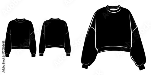 Technical fashion illustration of a sweatshirt, featuring a cropped design with a round neck, ribbed details, and an oversize fit, shown in both front and back views, available in white for women,